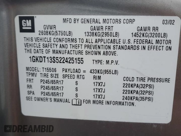 2002 GMC Envoy SLT with VIN 1GKDT13S522425155, listed as a Copart auction lot 48575895 with 52,307 mi miles and Salvage Title. Bid and sale history available at carsss.com. Image 14.