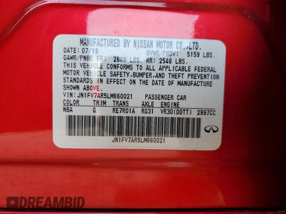 2020 Infiniti Q50 Red Sport 400 with VIN JN1FV7AR5LM660021, listed as a Copart auction lot 84025314 with 69,032 mi miles and Salvage Title. Bid and sale history available at carsss.com. Image 13.