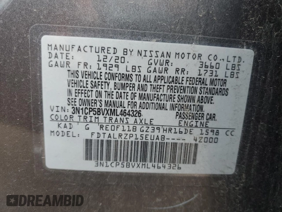 2021 Nissan Kicks S with VIN 3N1CP5BVXML464326, listed as a Copart auction lot 53242815 with 80,184 mi miles and Clean Title. Bid and sale history available at DreamBid. Image 13.