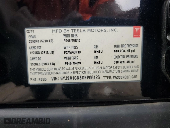 2013 Tesla Model S with VIN 5YJSA1CN8DFP06126, listed as a Copart auction lot 63098515 with 47,215 mi miles and Clean title. Bid and sale history available at DreamBid. Image 13.