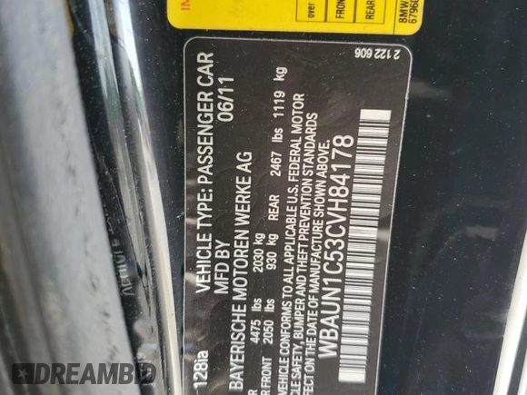 2012 BMW 1 Series 128i z VIN WBAUN1C53CVH84178, wystawiony jako Copart lot #80504034 z przebiegiem Nie podano mil oraz Szkoda całkowita • Salvage title. Historia ofert i sprzedaży dostępna na DreamBid. Obrazek 13.