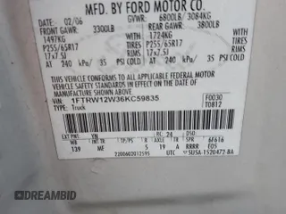 2006 Ford F-150 XLT with VIN 1FTRW12W36KC59835, listed as a Copart auction lot 52481585 with 201,301 mi miles and Salvage Title. Bid and sale history available at DreamBid. Image 12.