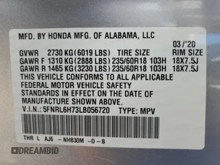 2020 Honda Odyssey EX-L with VIN 5FNRL6H73LB056720, listed as a Copart auction lot 87205024 with 60,219 mi miles and Salvage Title. Bid and sale history available at carsss.com. Image 13.