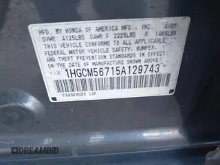 2005 Honda Accord EX z VIN 1HGCM56715A129743, wystawiony jako IAAI lot #42145886 z przebiegiem 203 762 mil mil oraz . Historia ofert i sprzedaży dostępna na DreamBid. Obrazek 9.