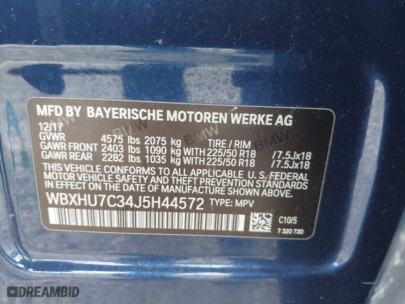 2018 BMW X1 sDrive28i with VIN WBXHU7C34J5H44572, listed as a IAAI auction lot 41607151 with 43,056 mi miles. Bid and sale history available at carsss.com. Image 9.