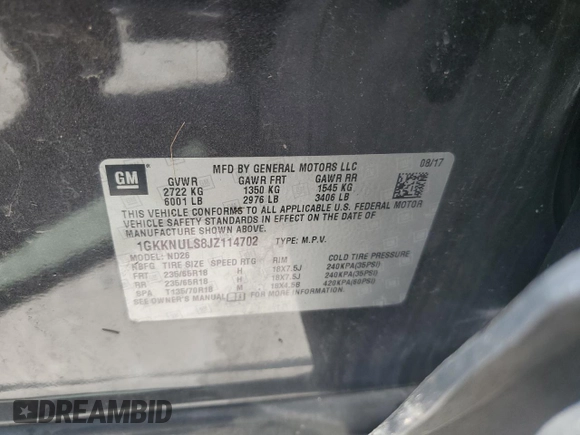 2018 GMC Acadia SLT z VIN 1GKKNULS8JZ114702, wystawiony jako Copart lot #57513435 z przebiegiem 122 010 mil mil oraz Szkoda całkowita • Salvage title. Historia ofert i sprzedaży dostępna na DreamBid. Obrazek 13.