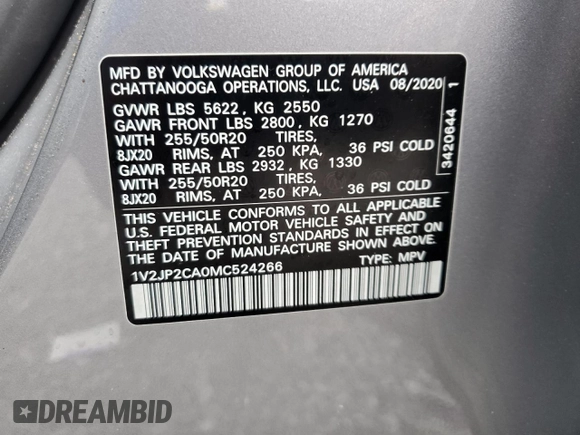 2021 Volkswagen Atlas SE with VIN 1V2JP2CA0MC524266, listed as a Copart auction lot 88960715 with 58,438 mi miles and Non repairable. Bid and sale history available at DreamBid. Image 15.