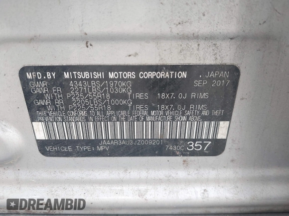 2018 Mitsubishi Outlander Sport ES 2.0 with VIN JA4AR3AU3JZ009201, listed as a IAAI auction lot 40804790 with 118,662 mi miles. Bid and sale history available at carsss.com. Image 9.