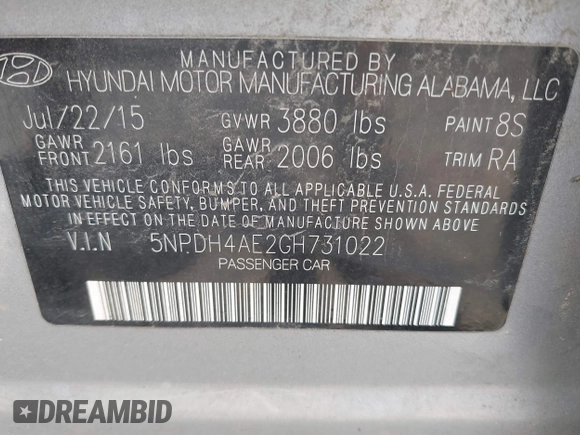 2016 Hyundai Elantra SE with VIN 5NPDH4AE2GH731022, listed as a IAAI auction lot 42473510 with 112,360 mi miles and . Bid and sale history available at DreamBid. Image 9.