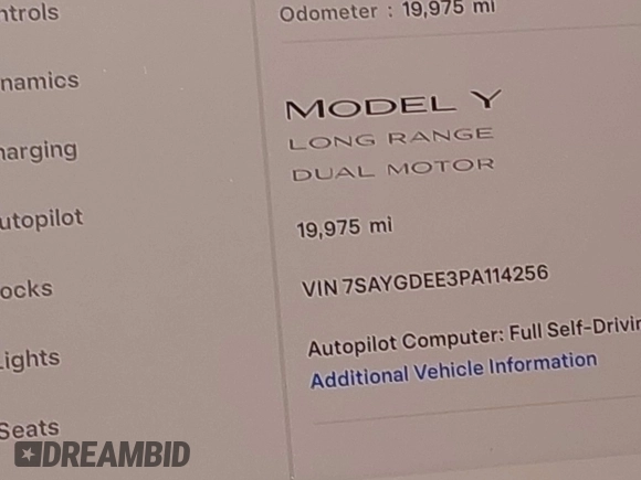 2023 Tesla Model Y Long Range with VIN 7SAYGDEE3PA114256, listed as a IAAI auction lot 42158307 with 19,975 mi miles and . Bid and sale history available at DreamBid. Image 14.