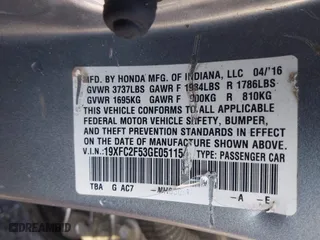2016 Honda Civic Sedan LX with VIN 19XFC2F53GE051154, listed as a IAAI auction lot 41921524 with 101,979 mi miles. Bid and sale history available at carsss.com. Image 9.