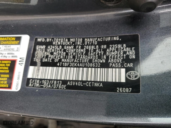 2010 Toyota Camry with VIN 4T1BF3EK4AU108632, listed as a Copart auction lot 52859415 with 119,028 mi miles and Salvage Title. Bid and sale history available at carsss.com. Image 14.