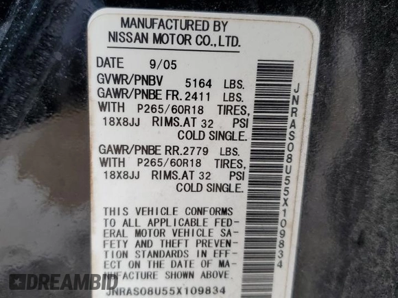 2005 Infiniti FX with VIN JNRAS08U55X109834, listed as a Copart auction lot 42297905 with 236,373 mi miles and Salvage title. Bid and sale history available at DreamBid. Image 15.