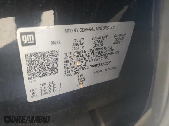 2022 GMC Yukon XL SLT with VIN 1GKS2GKD9NR341058, listed as a Copart auction lot 75736374 with 0 mi miles and Salvage Title. Bid and sale history available at carsss.com. Image 13.