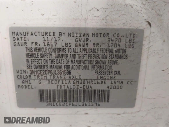 2018 Nissan Note SV with VIN 3N1CE2CP6JL361596, listed as a IAAI auction lot 41876573 with 95,307 mi miles and . Bid and sale history available at DreamBid. Image 9.