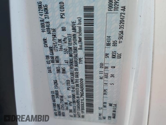 2008 Ford Econoline Passenger XL with VIN 1FBSS31L78DA90009, listed as a Copart auction lot 75254994 with 178,675 mi miles and Salvage Title. Bid and sale history available at DreamBid. Image 13.