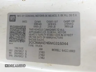 2021 Chevrolet Silverado 1500 Work Truck with VIN 3GCNWAEH6MG316044, listed as a IAAI auction lot 42144557 with 87,443 mi miles and . Bid and sale history available at DreamBid. Image 9.