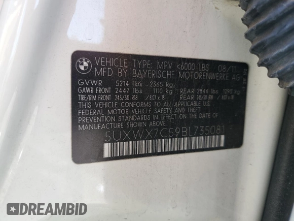 2011 BMW X3 35i with VIN 5UXWX7C59BL735081, listed as a Copart auction lot 52051245 with 165,823 mi miles and Clean Title. Bid and sale history available at DreamBid. Image 13.