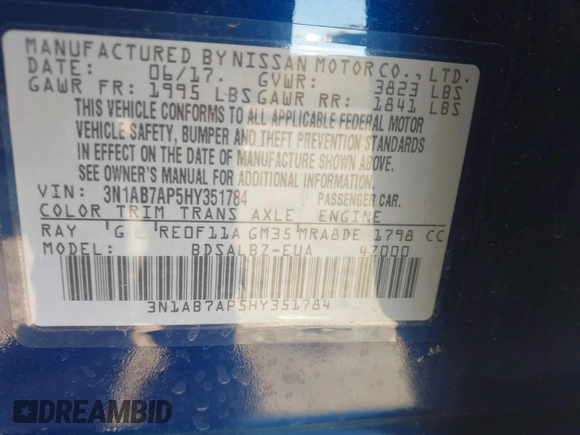 2017 Nissan Sentra SR with VIN 3N1AB7AP5HY351784, listed as a IAAI auction lot 42221505 with 186,516 mi miles and . Bid and sale history available at DreamBid. Image 9.