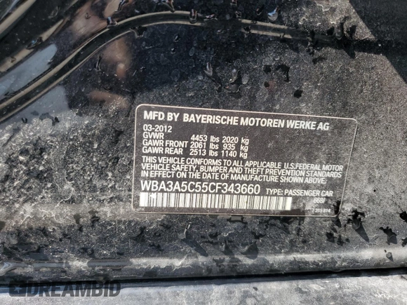 2012 BMW 3 Series 328i z VIN WBA3A5C55CF343660, wystawiony jako Copart lot #56417055 z przebiegiem 149 446 mil mil oraz Szkoda całkowita • Salvage title. Historia ofert i sprzedaży dostępna na DreamBid. Obrazek 12.