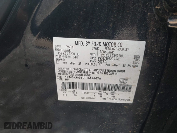 2015 Ford Explorer Sport с VIN 1FM5K8GT9FGA94678, выставлен на аукционе IAAI как лот 42296342 с пробегом 117 552 миль миль и . История ставок и продаж доступна на DreamBid. Изображение 9.