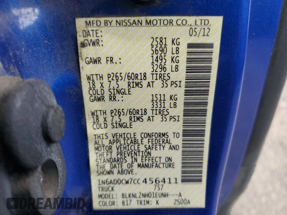 2012 Nissan Frontier SV с VIN 1N6AD0CW7CC456411, выставлен на аукционе Copart как лот 52384115 с пробегом 158 215 миль миль и Списание • Salvage title. История ставок и продаж доступна на DreamBid. Изображение 13.