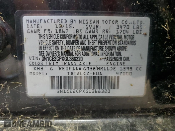 2016 Nissan Note S with VIN 3N1CE2CPXGL368320, listed as a Copart auction lot 54244865 with 113,196 mi miles and Clean Title. Bid and sale history available at DreamBid. Image 12.