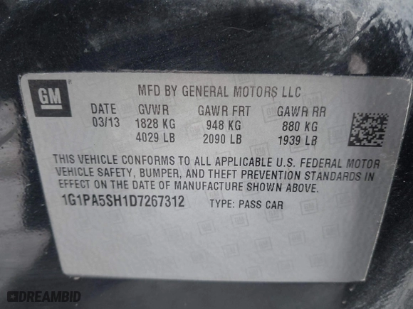 2013 Chevrolet Cruze LS with VIN 1G1PA5SH1D7267312, listed as a IAAI auction lot 41052844 with 181,905 mi miles. Bid and sale history available at carsss.com. Image 9.