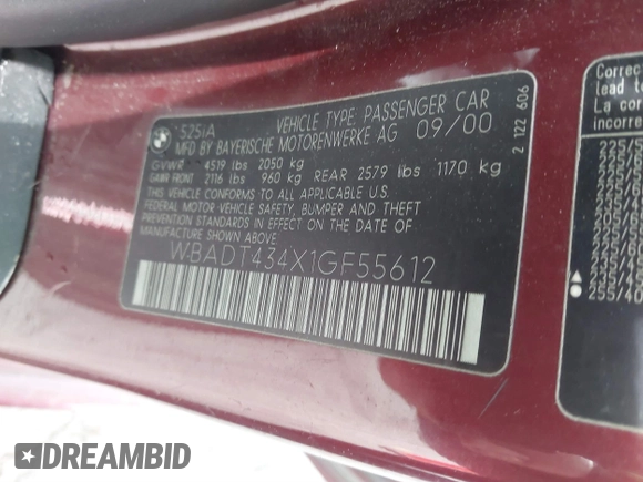 2001 BMW 5 Series 525i with VIN WBADT434X1GF55612, listed as a IAAI auction lot 41746985 with Not Provided miles and . Bid and sale history available at DreamBid. Image 9.