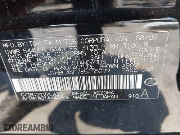 2008 Lexus LS 460 с VIN JTHBL46F785055299, выставлен на аукционе IAAI как лот 42678981 с пробегом 273 830 миль миль и . История ставок и продаж доступна на DreamBid. Изображение 9.
