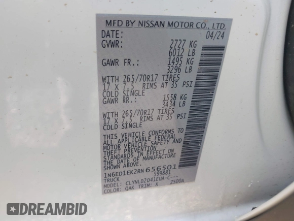 2024 Nissan Frontier SL with VIN 1N6ED1EK2RN656501, listed as a IAAI auction lot 42265453 with 3,813 mi miles and . Bid and sale history available at DreamBid. Image 9.