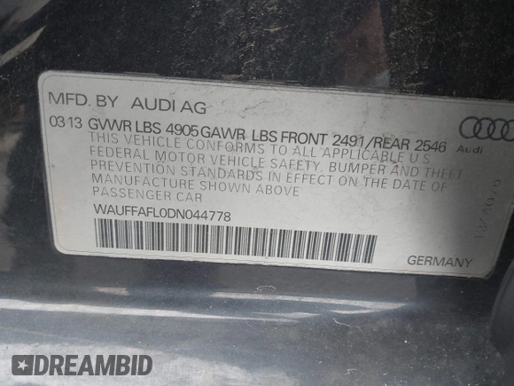 2013 Audi A4 Premium Plus with VIN WAUFFAFL0DN044778, listed as a IAAI auction lot 42063793 with 110,073 mi miles and . Bid and sale history available at DreamBid. Image 9.