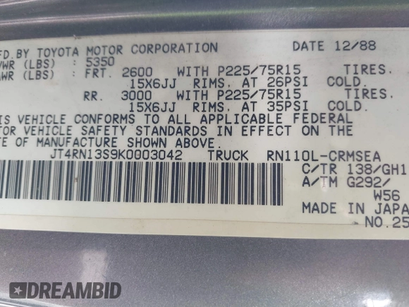 1989 Toyota Pickup с VIN JT4RN13S9K0003042, выставлен на аукционе IAAI как лот 41827042 с пробегом 347 063 миль миль и . История ставок и продаж доступна на DreamBid. Изображение 9.