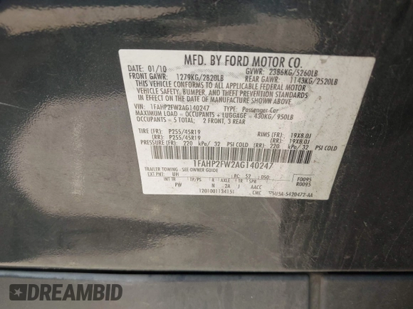 2010 Ford Taurus Limited with VIN 1FAHP2FW2AG140247, listed as a IAAI auction lot 42039842 with 152,408 mi miles and . Bid and sale history available at DreamBid. Image 9.