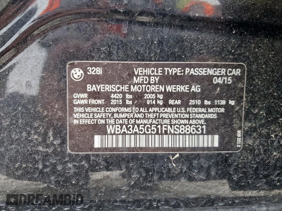 2015 BMW 3 Series 328i с VIN WBA3A5G51FNS88631, выставлен на аукционе Copart как лот 54986675 с пробегом 130 492 миль миль и Чистый • Clean title. История ставок и продаж доступна на DreamBid. Изображение 12.