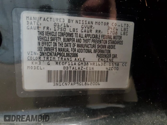 2016 Nissan Versa S Plus z VIN 3N1CN7AP9GL862006, wystawiony jako Copart lot #62260325 z przebiegiem 139 648 mil mil oraz Szkoda całkowita • Salvage title. Historia ofert i sprzedaży dostępna na DreamBid. Obrazek 12.