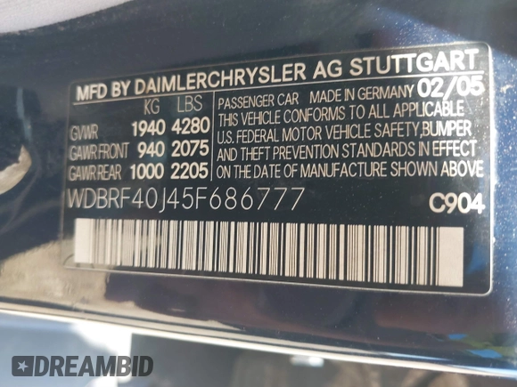 2005 Mercedes-Benz C 230 Kompressor with VIN WDBRF40J45F686777, listed as a IAAI auction lot 41675146 with Not Provided miles and . Bid and sale history available at DreamBid. Image 9.