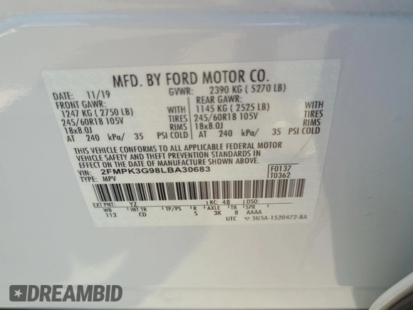 2020 Ford Edge SE с VIN 2FMPK3G98LBA30683, выставлен на аукционе IAAI как лот 42550081 с пробегом 89 099 миль миль и . История ставок и продаж доступна на DreamBid. Изображение 13.
