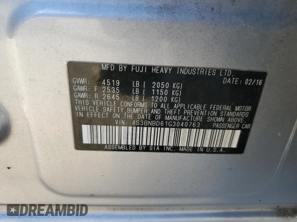 2016 Subaru Legacy Premium with VIN 4S3BNBD61G3040763, listed as a Copart auction lot 82327454 with 114,527 mi miles and Salvage title. Bid and sale history available at DreamBid. Image 12.