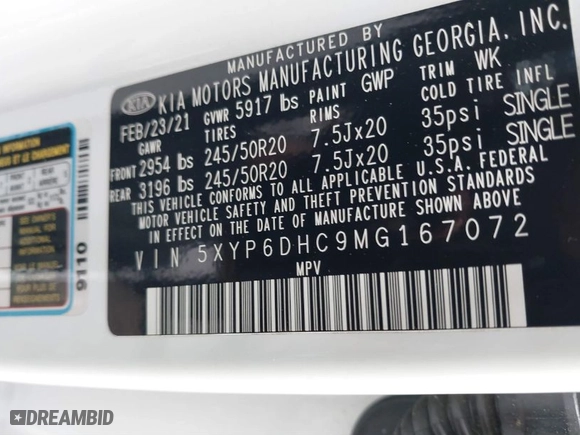 2021 Kia Telluride S with VIN 5XYP6DHC9MG167072, listed as a IAAI auction lot 41703428 with 47,725 mi miles. Bid and sale history available at carsss.com. Image 9.