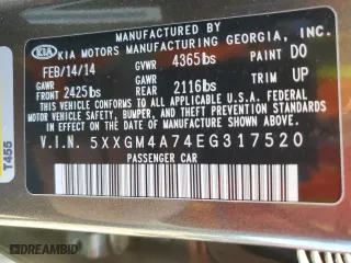 2014 Kia Optima LX with VIN 5XXGM4A74EG317520, listed as a Copart auction lot 46420135 with 171,161 mi miles and Salvage Title. Bid and sale history available at carsss.com. Image 12.