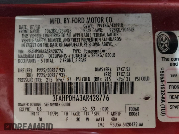 2010 Ford Fusion SE z VIN 3FAHP0HA3AR428776, wystawiony jako Copart lot #56866675 z przebiegiem 255 269 mil mil oraz Czysty tytuł • Clean title. Historia ofert i sprzedaży dostępna na DreamBid. Obrazek 12.