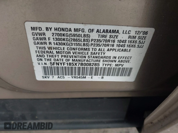 2007 Honda Pilot EX-L with VIN 5FNYF185X7B008285, listed as a IAAI auction lot 41869795 with 238,516 mi miles. Bid and sale history available at carsss.com. Image 9.