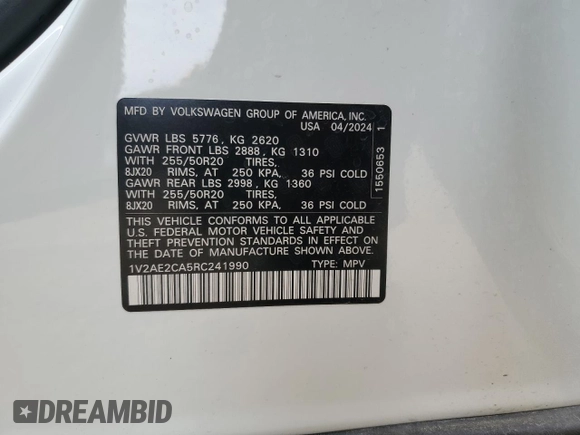 2024 Volkswagen Atlas SEL R-Line with VIN 1V2AE2CA5RC241990, listed as a Copart auction lot 53370185 with 5,294 mi miles and Salvage title. Bid and sale history available at DreamBid. Image 14.