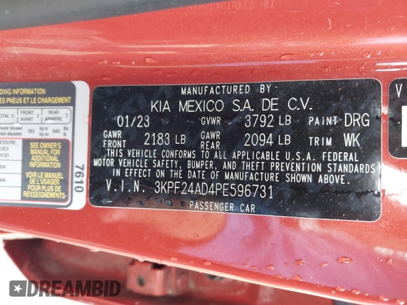 2023 Kia Forte LXS z VIN 3KPF24AD4PE596731, wystawiony jako IAAI lot #40501519 z przebiegiem 36 755 mil mil oraz . Historia ofert i sprzedaży dostępna na DreamBid. Obrazek 9.