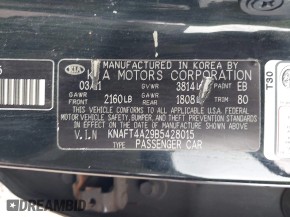 2011 Kia Forte LX with VIN KNAFT4A29B5428015, listed as a IAAI auction lot 42021564 with 175,261 mi miles. Bid and sale history available at carsss.com. Image 9.
