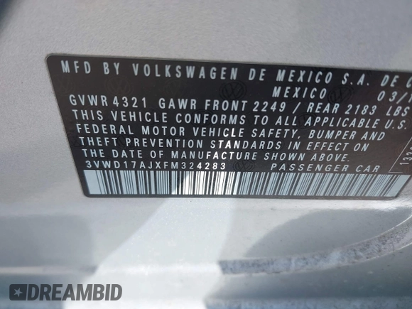 2015 Volkswagen Jetta Sedan 1.8T SE with VIN 3VWD17AJXFM324283, listed as a IAAI auction lot 41769785 with 103,686 mi miles. Bid and sale history available at carsss.com. Image 9.