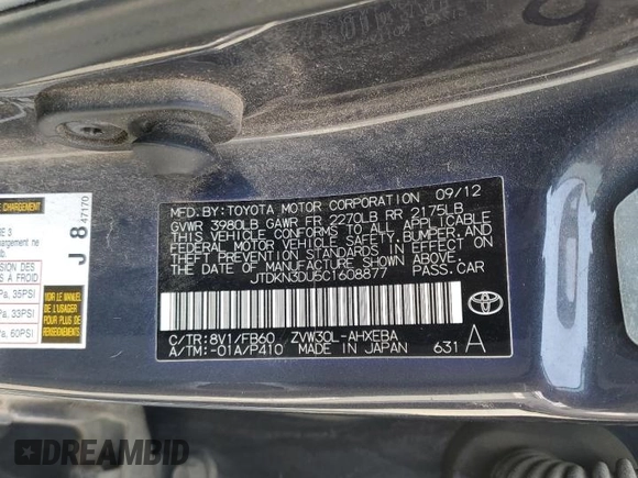 2012 Toyota Prius One with VIN JTDKN3DU5C1608877, listed as a Copart auction lot 50648715 with 198,489 mi miles and Salvage Title. Bid and sale history available at carsss.com. Image 12.