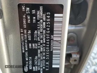 2015 Kia Optima SX Turbo with VIN 5XXGR4A69FG425643, listed as a Copart auction lot 64755095 with Not provided miles and Clean title. Bid and sale history available at DreamBid. Image 13.