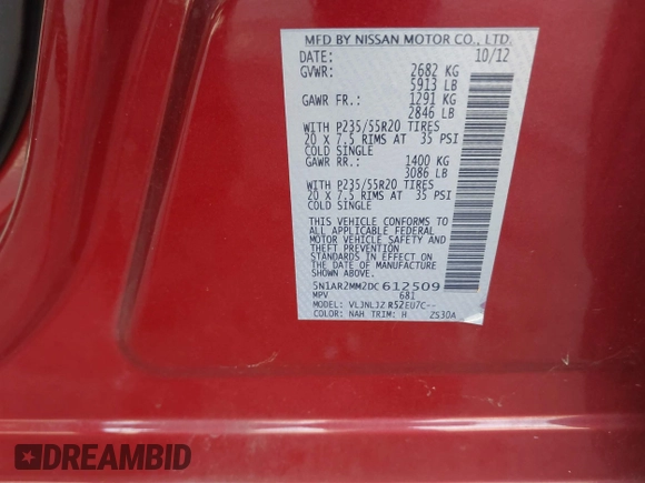2013 Nissan Pathfinder SV with VIN 5N1AR2MM2DC612509, listed as a IAAI auction lot 40997193 with 999,999 mi miles. Bid and sale history available at carsss.com. Image 9.